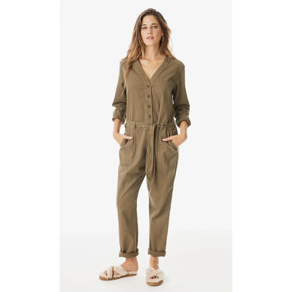 Xirena‎ Long Sleeve Wylie Jumpsuit-Button Front Tie Waist-Khaki Green-Size S NWT